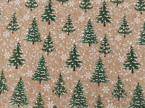 Weihnachts-Dekostoff aus Naturjute - Schneetannen-Druck mit funkelndem Glitzer