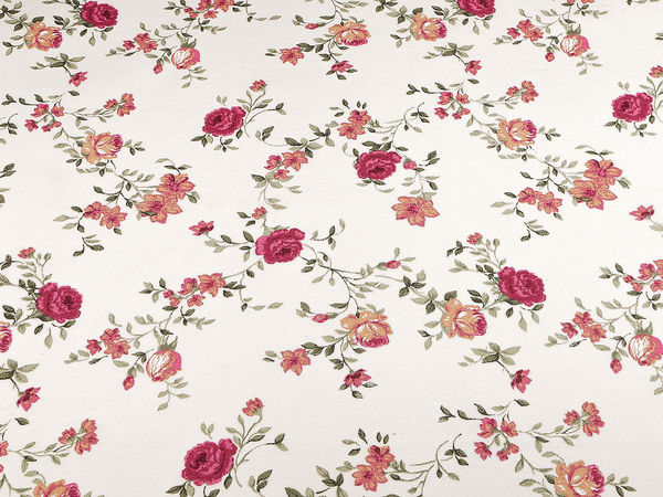 Premium Loneta-Dekostoff mit Digitaldruck - Ecru Hellbeige & Blumen
