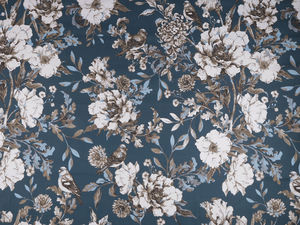 Premium Canvas-Stoff aus Baumwoll-Leinen-Mischung - Botanisches Blumenmotiv in Dunkelblau