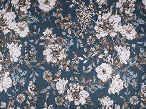 Premium Canvas-Stoff aus Baumwoll-Leinen-Mischung - Botanisches Blumenmotiv in Dunkelblau