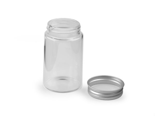Premium Klarglasflasche mit auslaufsicherem Metall-Schraubverschluss (110 ml, 47x80 mm)