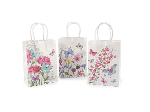 Papiertragetaschen mit Blumen- und Schmetterlingsmotiven und gedrehten Griffen - Hochwertige Geschenkverpackung im Set für Geburtstage, Hochzeiten und Boutiquen
