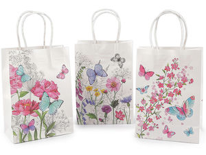 Papiertragetaschen mit Blumen- und Schmetterlingsmotiven und gedrehten Griffen - Hochwertige Geschenkverpackung im Set für Geburtstage, Hochzeiten und Boutiquen