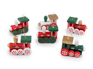 Nostalgische Mini-Eisenbahnen aus Holz als Weihnachtsbaumschmuck - 6er-Set festliche Hängedeko