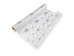 Weihnachts-Organzarolle mit silbernem Metallic-Schneeflockenmuster (36 cm Breite) - Festlicher Tischläufer & Bastelstoff