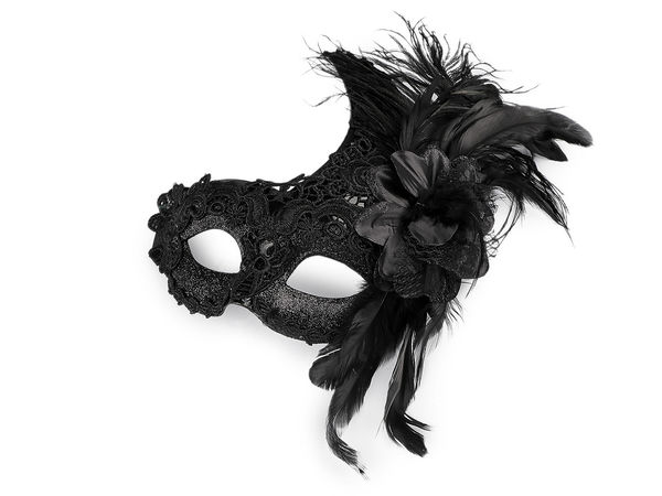 Venezianische Augenmaske mit Spitze, Federn, Blütendetail und Glitzer-Finish