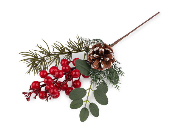 Künstlicher Weihnachts-Tannenzweig mit echtem Tannenzapfen und Beeren – Biegsamer Drahtstiel für Kränze & Winterdeko