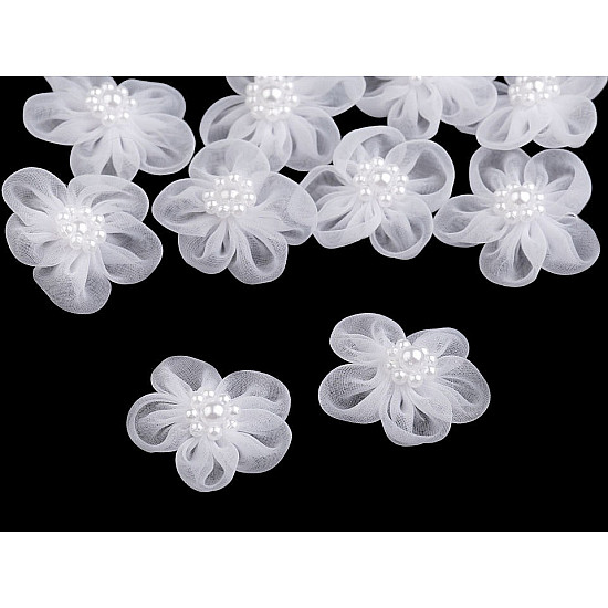 Organza Blume mit Perlen Ø25 - 30 mm, weiß, 10 Stück