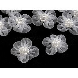 Organza Blume Ø 30 – 35 mm mit Perlen, weiß, 10 Stück