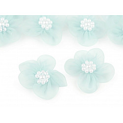 Organza Blume Ø 30 – 35 mm mit Perlen, Mint, 10 Stück