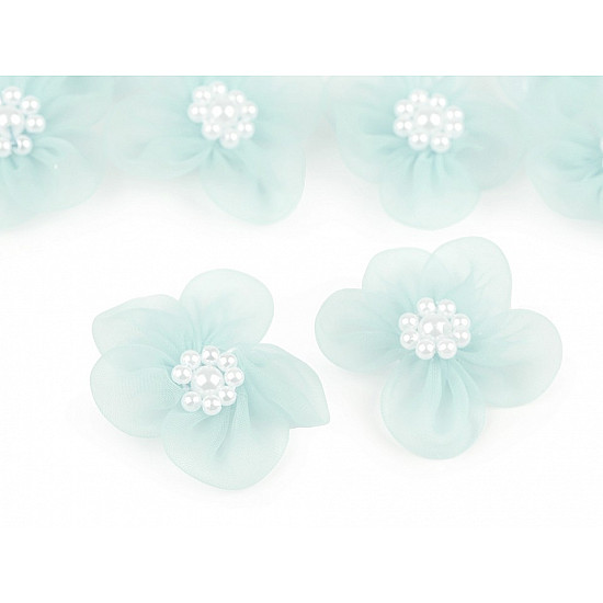 Organza Blume Ø 30 – 35 mm mit Perlen, Mint, 10 Stück